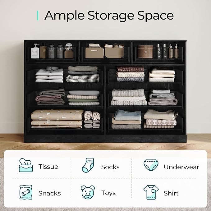 LINSY HOME 9 Drawer Dresser for Bedroom, 54" Wide Chest of Drawers, Modern TV Stand Dressers with Wood Frame and Metal Handles, Large Drawer Organizer for Bedroom, Living Room, Black