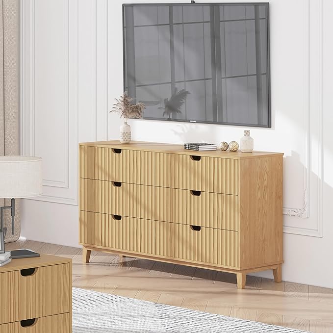 Fluted Dresser for Bedroom 6 Drawer, 58" Wide Large Wood Dresser, Chest of Drawers for Bedroom, Living Room, Hallway, Entryway, Modern TV Stand Drawer Organizer, Natural