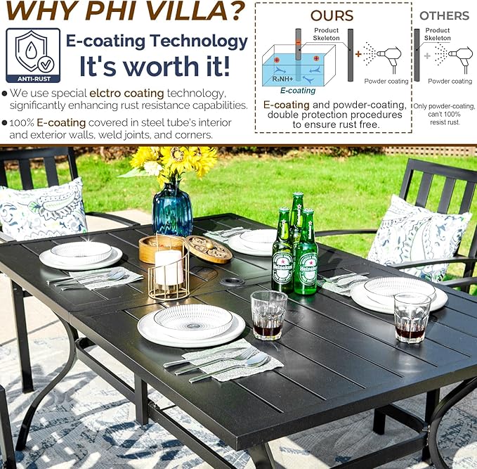 PHI VILLA 7 Piece Outdoor Dining Set for 6, 60” Rectangular Metal Steel Dining Table with Umbrella Hole & Stackable Dining Chairs for Patio, Deck, Yard, Garden