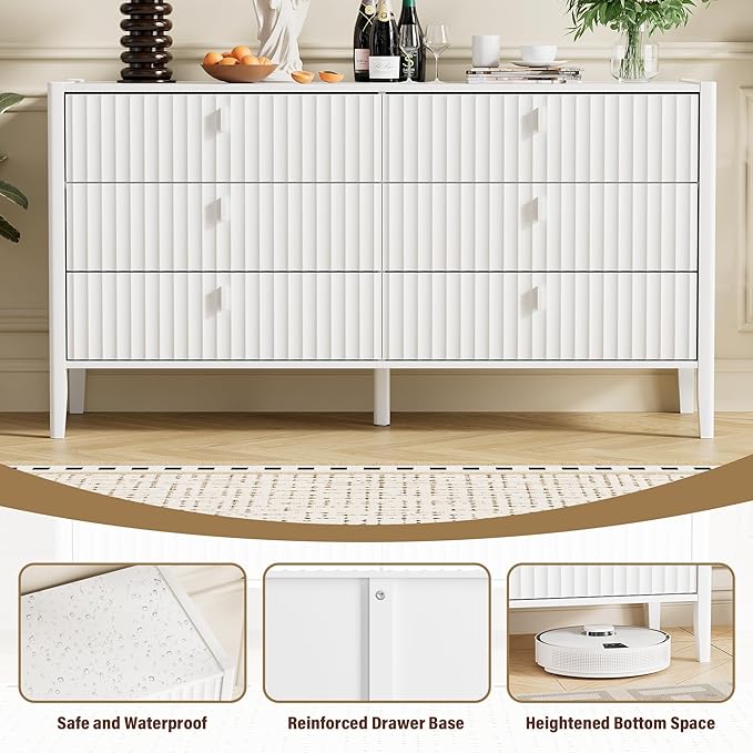 White 6 Drawer Dresser, 55" Wide White Modern Dresser with Fluted Front & Metal Handles for Bedroom or Living Room TV Stand