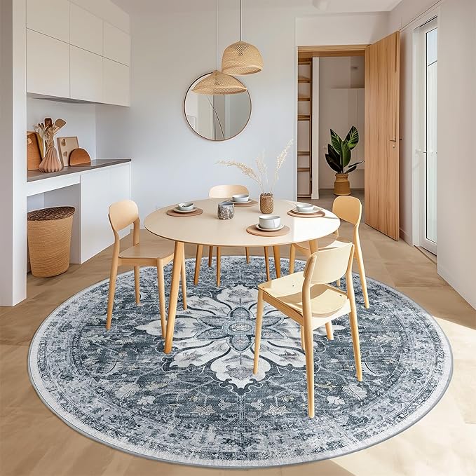 Area Rugs 4ft Washable Non-Slip, Floral Vintage Distress Print Pattern Medallion Carpet for Living Room Bedroom Dining Room, Light Gray Grey White