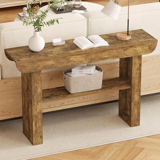 55-Inch Farmhouse Console Table,3-Tier Rustic Entryway Table with Storage,Rectangular Sofa Table Behind The Couch for Living Room, Hallway, Entrance