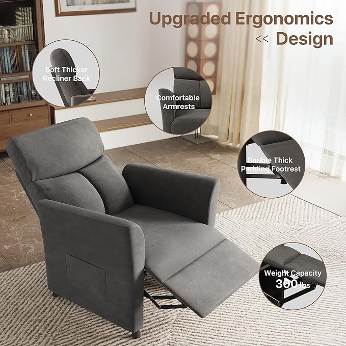 Claiks Power Recliner Chair for Adults, Adjustable Reclining Chair, Comfortable Recliner Couch with Side Pockets&Wire Remote Control, for Living Room, Home Theater, Bedroom, Linen Fabric, Dark Grey