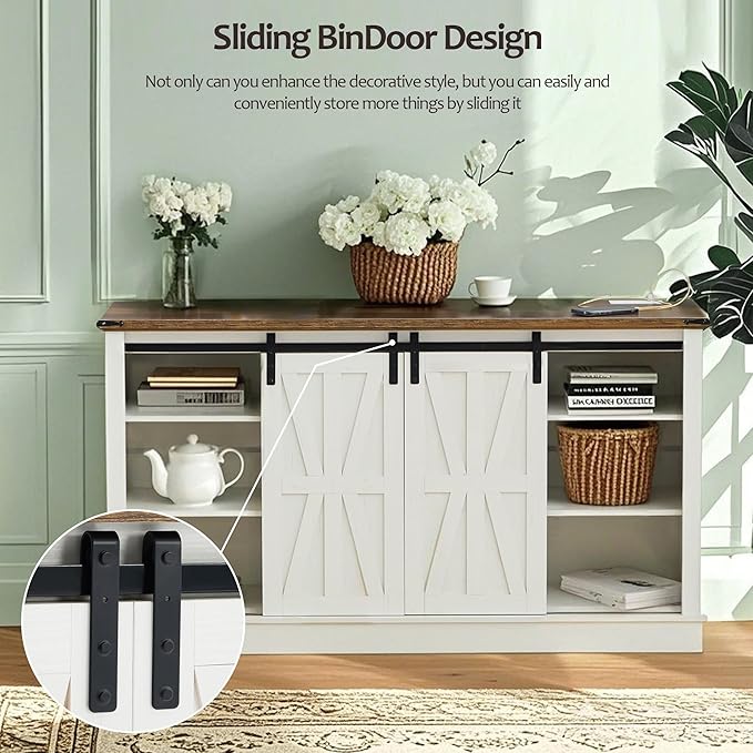 Farmhouse TV Stand for 65 inch TV, Rustic Wood Entertainment Center with Power Outlets & Sliding Barn Doors Media Consoles Cabinet 3 Adjustable Shelves for Living Room, Rustic White