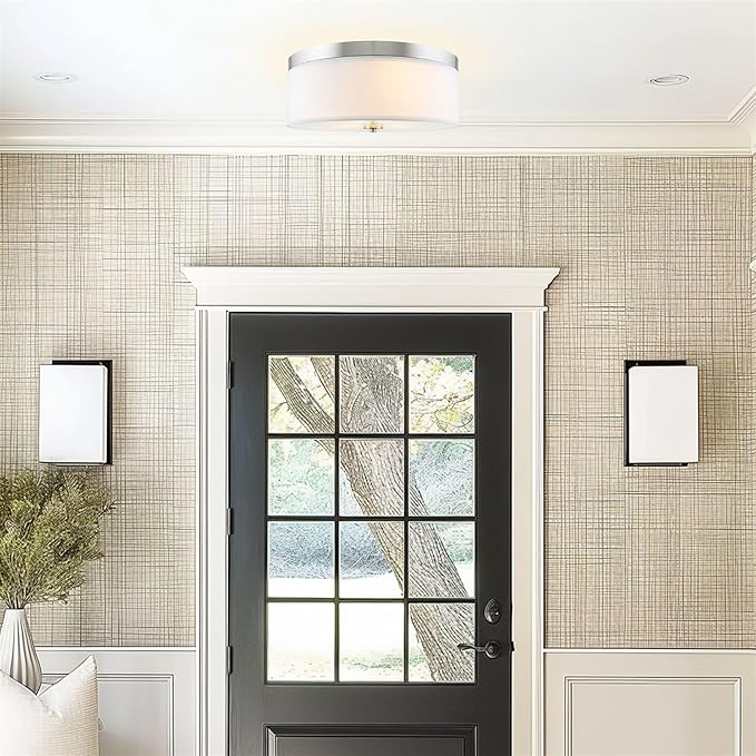 Kira Home Walker 20" Large Mid-Century Modern 3-Light Flush Mount Ceiling Light, White Fabric Shade + Round Glass Diffuser, Brushed Nickel Finish