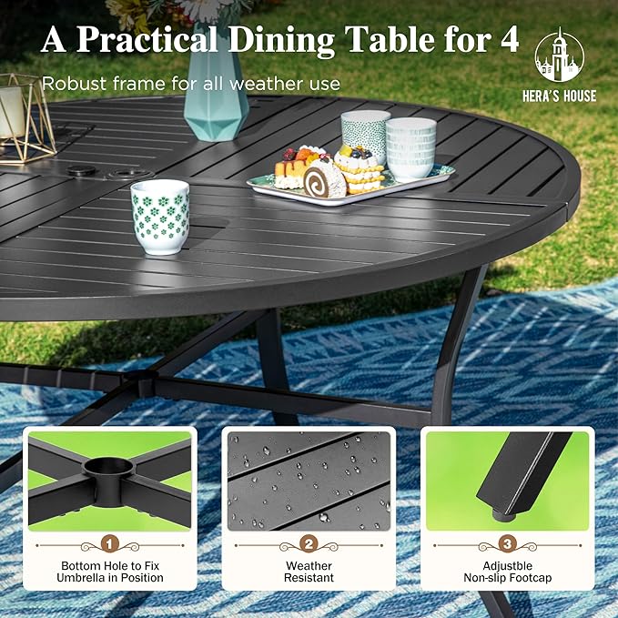 HERA'S HOUSE Outdoor Patio Dining Set of 5, 5 Piece Outdoor Table and Chairs Set of 1 Round Patio Table and 4 Quick Dry Textilene Swivel High Back Rocking Chairs for Lawn, Park, and Garden