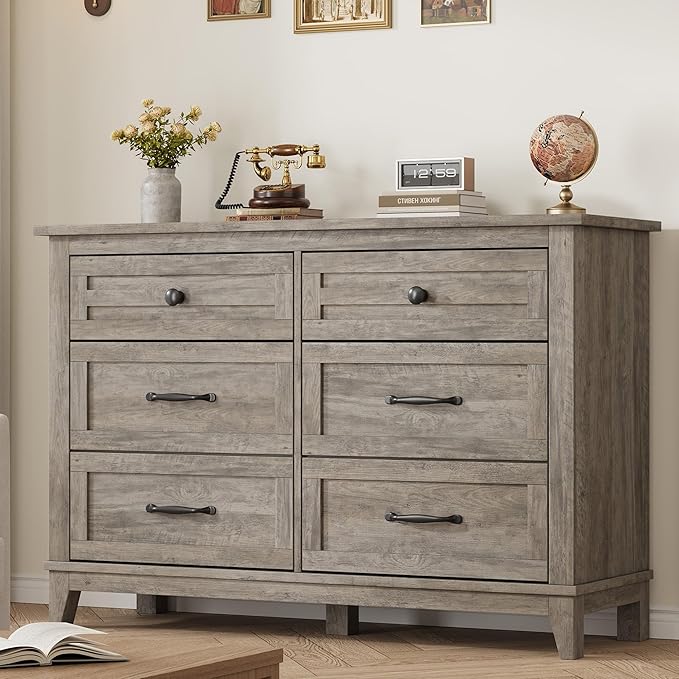 GarveeHome 6 Dresser for Bedroom, 47" Wide Drawer Dresser with Storage Freestanding, Wooden Closet Storage Chest for Living Room, Bedroom, Entryway, Grey