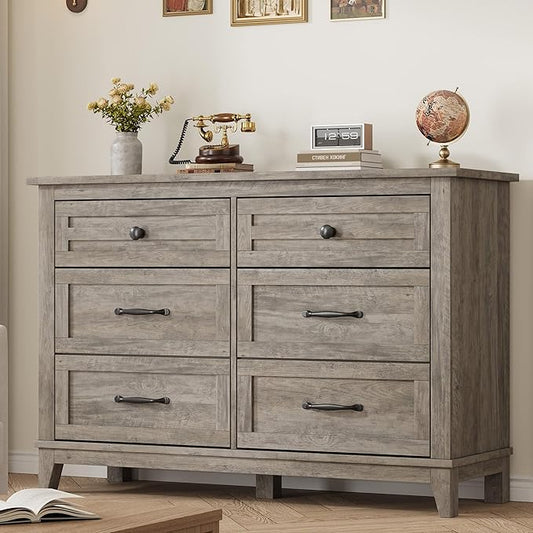 GarveeHome 6 Dresser for Bedroom, 47" Wide Drawer Dresser with Storage Freestanding, Wooden Closet Storage Chest for Living Room, Bedroom, Entryway, Grey