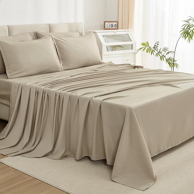 Litanika Comforter California King Size Set Khaki - 7 Pieces Bed in a Bag California King Bedding Comforter Sets, Plain Lightweight Bed Set with Comforter, Sheets, Pillowcases & Shams