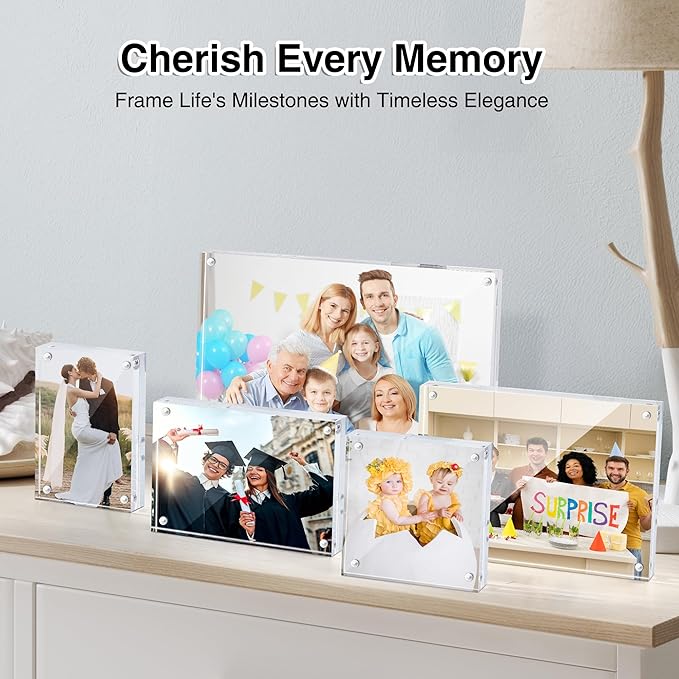 HOUSE DAY Acrylic Picture Frames 3.5x5, 1 Pack Magnetic 3.5 x 5 Picture Frame, Double Sided Clear 3.5x 5 Photo Frame with Microfiber Cloth, Frameless FreeStanding 3.5x5 Frame Gift for Desktop Display