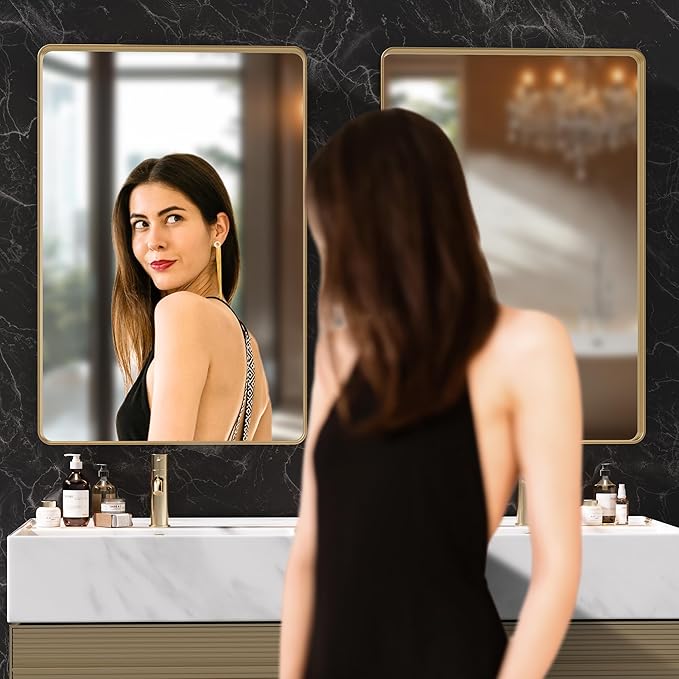 Hasipu 2 PCS Bathroom Mirror for Wall, 36 x 28 Inch Gold Metal Framed Bathroom Mirrors for Over Sink, Rectangle Bathroom Vanity Mirror, Anti-Rust, Tempered Glass, Horizontal or Vertical