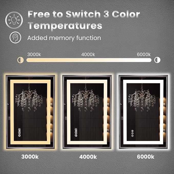 Amorho 40" X36" LED Bathroom Mirror, Brushed Nickel Framed Mirror with Front Light and Backlit, Stepless Dimmable, Anti-Fog, Shatter-Proof, Memory, 3 Colors