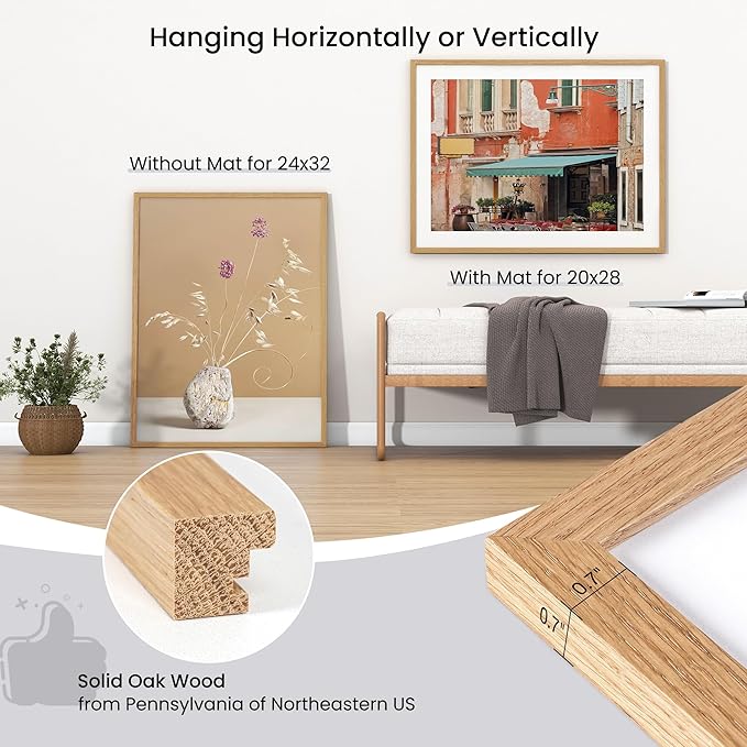 Axeman 24x32 Frame | Solid Oak Wood 24x32 Poster Frame With Mat for 20x28 | 32x24 Wood Picture Frame | Tempered Glass and Hanging Hardware Included Home Wall Decor Art Hanging Frame | Natural