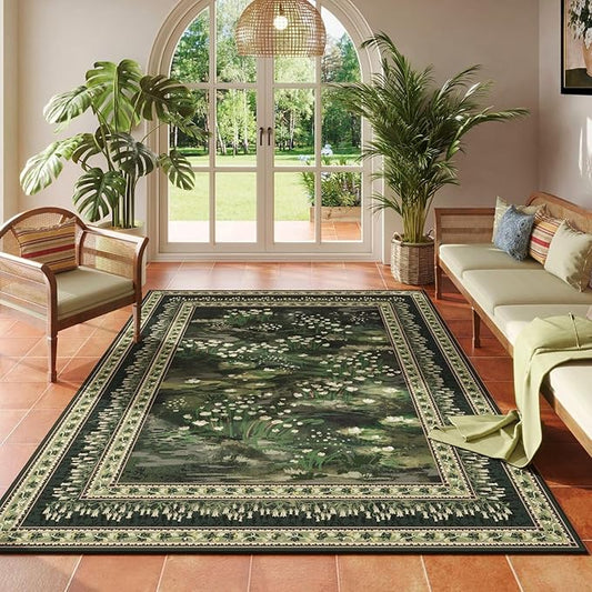 4x6 Rug for Bedroom Impressionist-Style Vintage Washable Rugs Non Slip Low Pile Small Carpet for Bedside Kids Room Office Dining Room, Green