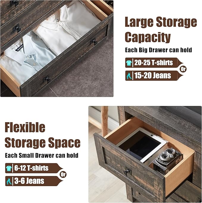 T4TREAM Farmhouse 7 Drawers Dresser for Bedroom, Wood Rustic Dresser Tv Stand, Storage Dressers Organizer for Bedroom, Living Room,Hallway, Dark Rustic Oak