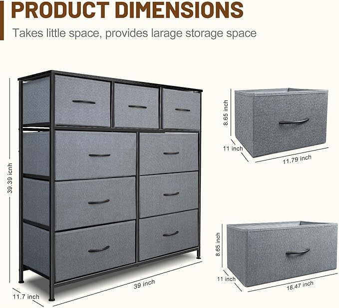 Dresser for Bedroom with 9 Drawers, Chest of Drawers, Storage Drawers Organizer Unit, Grey Wide Fabric Dresser with Fabric Bins for Closet, Living Room, Entryway (Grey and Charcoal Black)