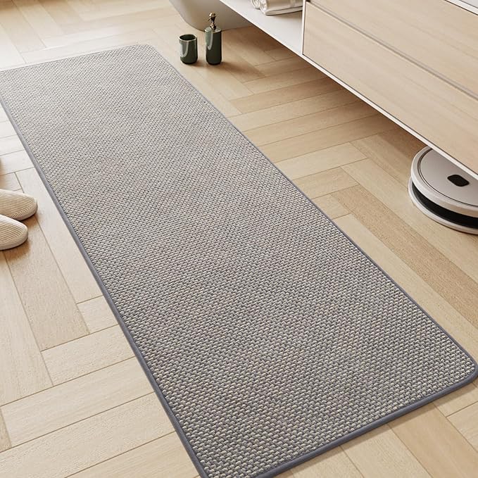 AMOAMI Chenille Bath Mat Super Absorbent Bathroom Mat Quick Dry Low Pile Bath Mats for Bathroom Washable Rubber Backed Bathroom Runners Fit Under Door, Front of Bathtub, Sink, LIGHTGREY&Beige 17"x59"