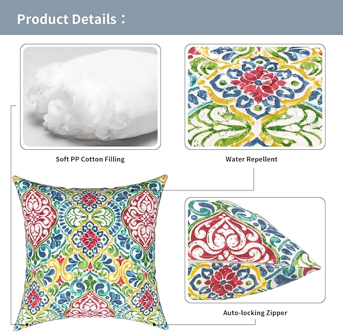 Outdoor Pillows for Patio Furniture 18x18 inch, Square Outdoor Throw Pillows with Inserts, Decorative Toss Pillows for Garden Couch Home Sofa Office Chair, Pack of 2,Damask Red