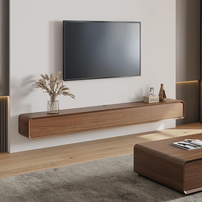 Fully-Assembled Minimalist Floating TV Stand, Modern Wall-Mounted Entertainment Center with 4 Flip-Down Cabinet Doors, Solid Wood Media Console, Walnut Veneer, 94"