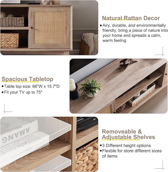 T4TREAM Rattan TV Stand for 75 Inch TV - Mid Century Modern Entertainment Center for Living Room, Large Boho Media TV Console with Storage Shelves, Oak