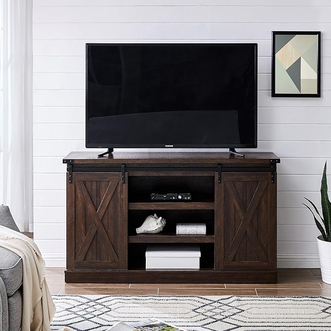 Farmhouse Sliding Barn Door TV Stand for TV up to 65 Inch Media Console Table Storage Cabinet Wood Entertainment Center Ranch Rustic Style Espresso
