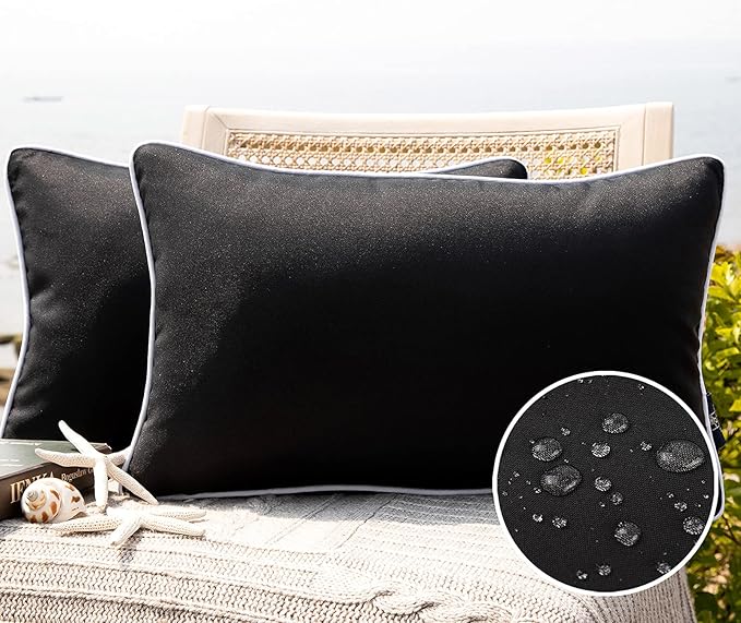 Phantoscope Pack of 2 Outdoor Waterproof Solid Throw Decorative Pillow Cover Decorative Square Outdoor Pillows Cushion Case Patio Pillows for Couch Tent Sunbrella, Black 12x20 inches 30x50 cm