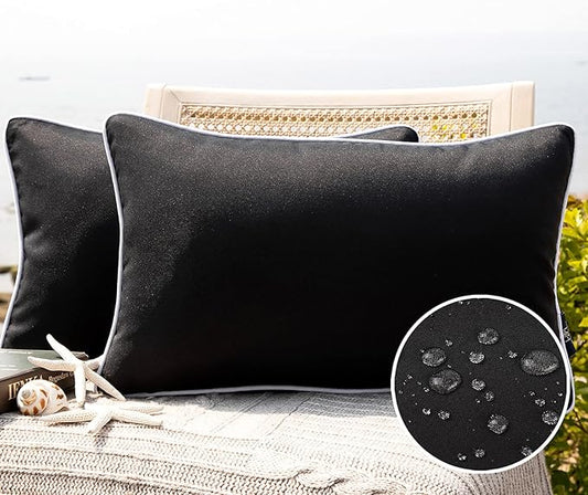 Phantoscope Pack of 2 Outdoor Waterproof Solid Throw Decorative Pillow Cover Decorative Square Outdoor Pillows Cushion Case Patio Pillows for Couch Tent Sunbrella, Black 12x20 inches 30x50 cm