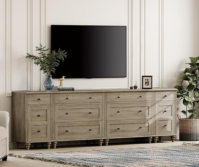 WAMPAT 100 inch TV Stand with 8 Drawers, TV Cabinet Entertainment Center for 75/80/85/90 Inch TV, Kids Dresser with 3 Drawers for Bedroom, Nightstands with Charging Station for Living Room, Wash Grey