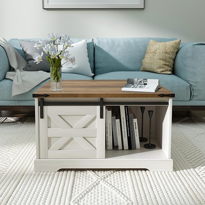 Farmhouse Coffee Table with Flip-Top Lid Rustic Wood Storage Center Table with Hidden Compartment and Sliding Barn Doors Square Cocktail Table for Living Room, Rustic White