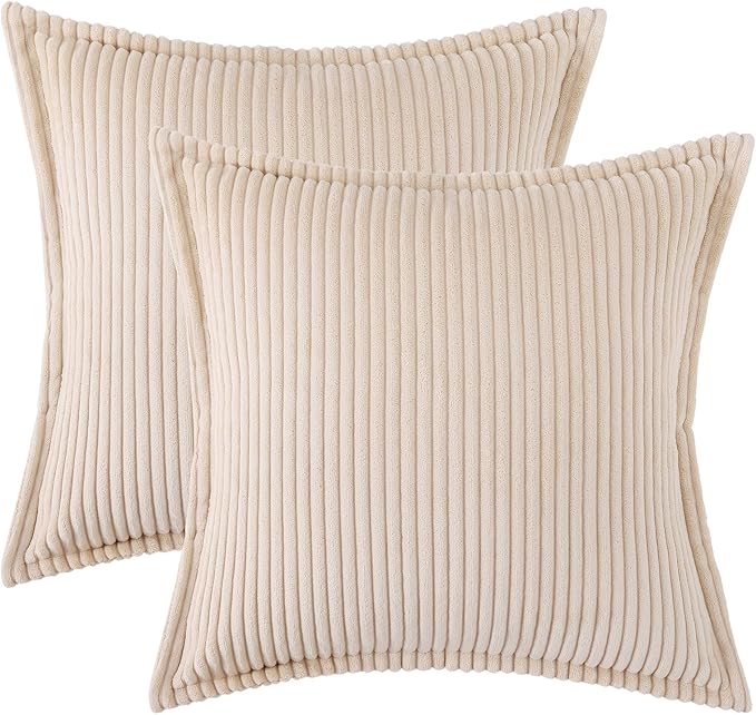 Mecatny Corduroy Throw Pillow Covers 24x24 Set of 2, Neutral Decorative Soft Boho Couch Pillow Covers with Broadside for Sofa Living Room, Beige