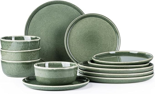 AmorArc Stoneware Dinnerware Sets for 4,Round Reactive Glaze Ceramic Plates and Bowls Set,Highly Scratch Resistant | Dishwasher & Microwave Safe Dishes Set,Service for 4 (12pc)