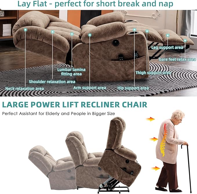MEETWARM Oversized Dual Motor Lay Flat Power Lift Recliner Chair for Big Man with Heat Massage, Large Sleeping Electric Recliner with Extended Footrest, Lumbar Pillow, USB & Type-C Ports, Plush-Brown