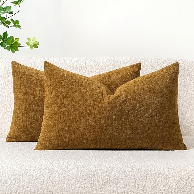 MIULEE Pack of 2 Couch Throw Pillow Covers 12x20 Inch Soft Mustard Chenille Pillow Covers for Sofa Living Room Solid Dyed Pillow Cases