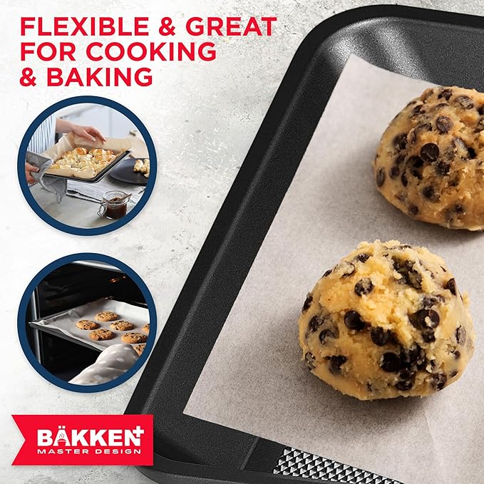 BAKKEN Kitchen Baking Pans - Nonstick Gray Coating, 13.58’’ × 9.65’’ Commercial Grade Carbon Steel Cookie Sheet, Diamond Texture Bottom, PFOA, PFOS, PTFE Free, Oven Safe Tray (450°F), Gray