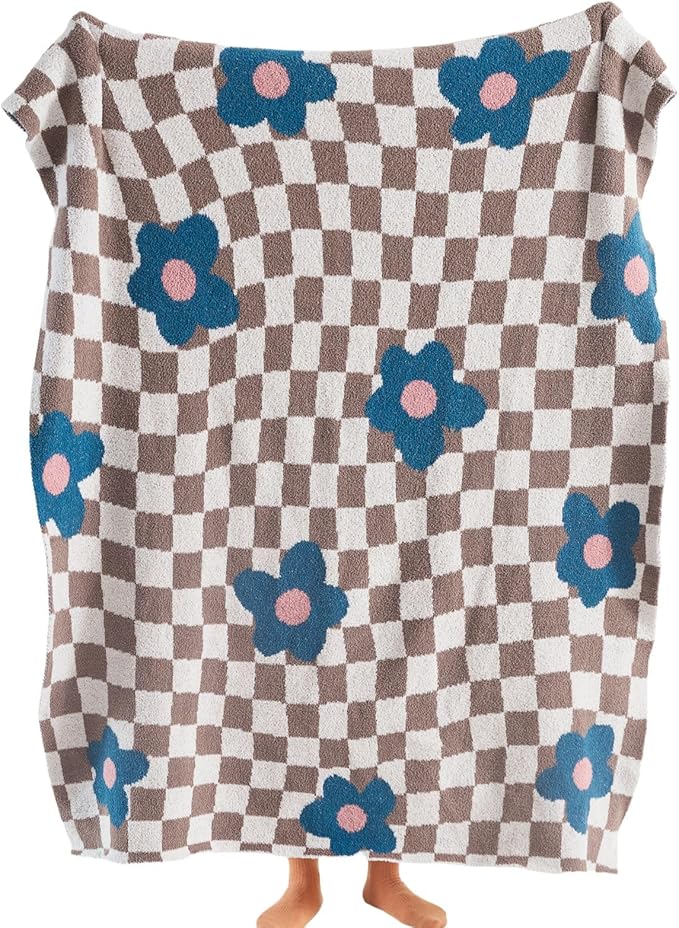 YIRUIO Throw Blankets Checkerboard Grid Chessboard Gingham Warmer Comfort Reversible Shaggy Cozy Decor for Home Bed Couch (Blue Floral, 51''x63'')