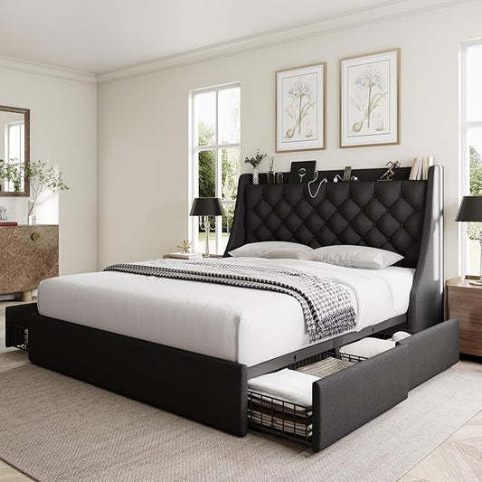Full Size Bed Frame with 4 Storage Drawers, Giant Upholstered Wingback Headboard, Fast Charging Station, No Box Spring Needed, Noise-Free, Black