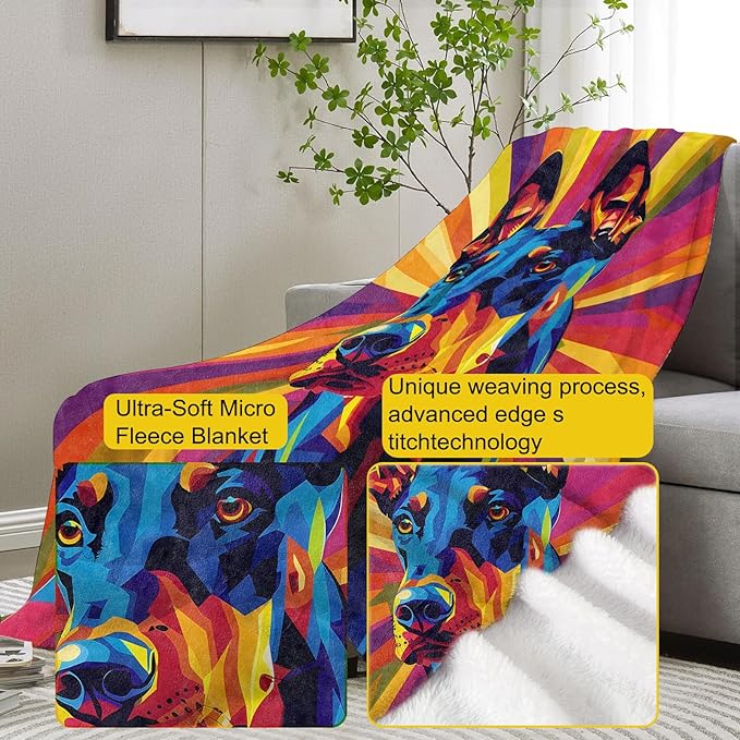 Colorful Doberman Flannel Blanket, Doberman Gifts, Dog-Themed Blanket for Women, Soft Lightweight Throw Blankets for Bed Home Travel Decor 40" x 50"