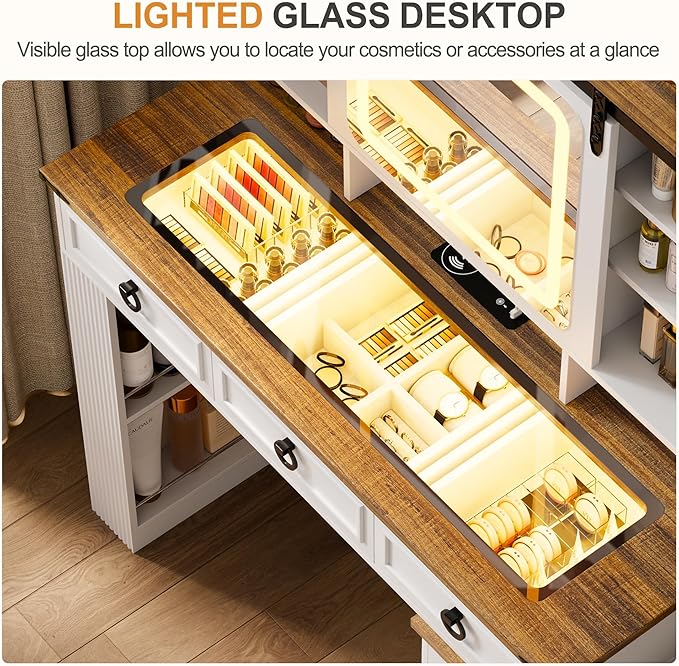 HNEBC Farmhouse Makeup Vanity Desk with Sliding Mirror and Lights,40" W Glass Tabletop Vanity Table with Charger,LED Vanity Set with Jewelry Armoire,6 Drawers,10 Shelves,Adjustable Cabinet