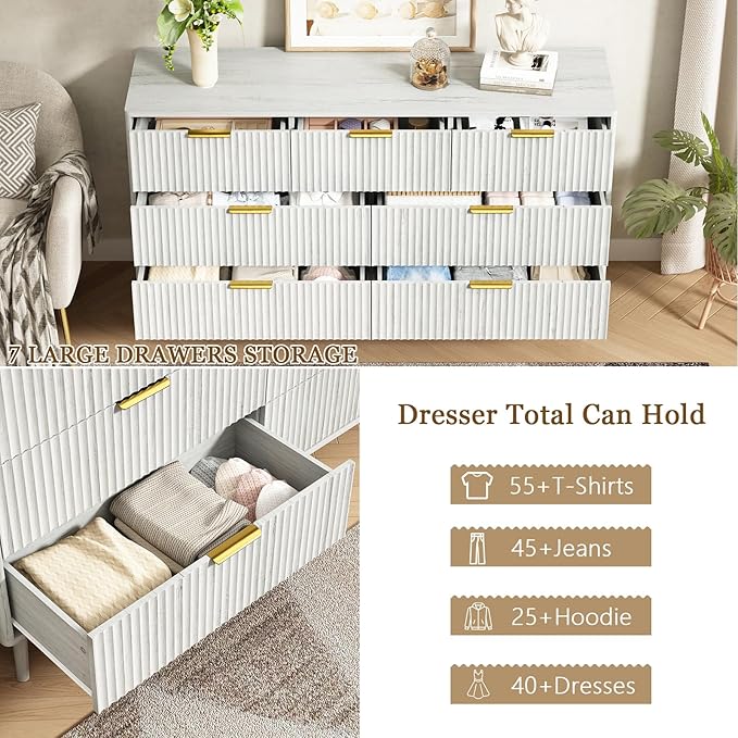CARPETNAL Fluted 7 Double Drawers White Dresser for Bedroom, 55”Wide Modern Chest of Drawers with Deep Drawers,Wood Drawer Organizer for Bedroom Living Room, Hallway, White