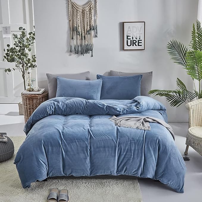 Cottonight Blue Velvet Comforter Set King Lake Blue Flannel Bedding Set Winter Warm Heavyweight Blanket Quilts Modern Winter Warm 3 Piece Comforter Set for King Bed