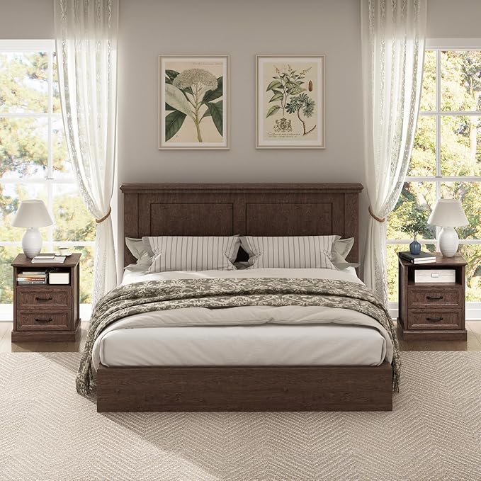 CARPETNAL Farmhouse Dresser and Nightstand Sets for Bedroom, 3 Pcs Bedroom Set, 6 Drawer Dresser & Nightstand Set of 2, Modern Wood Chest of Drawers for Bedroom, Living Room, Entryway, Brown