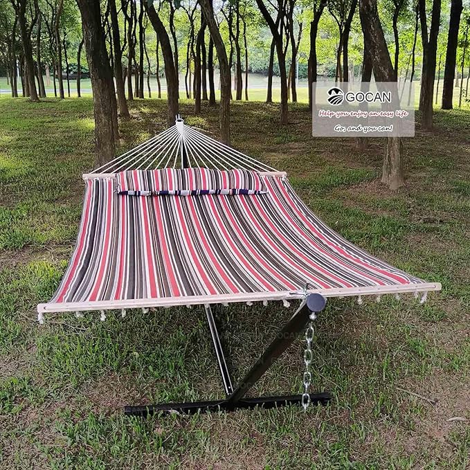 Quilted Fabric Double Hammock Won't flip with Stand and Spreader Bars,Safer and Sturdier,Quality Hammocks for Outdoor Indoor Patio Yard Two Sided Dual use red/Blue