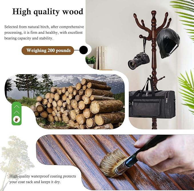 Coat Rack Stand, Solid Wooden Coat Tree with 11 Hooks, Heavy Duty Coat Rack Freestanding with Sturdy Round Base, Natural Birch Wood Coat Hanger Stand for Entryway Bedroom (Circular)