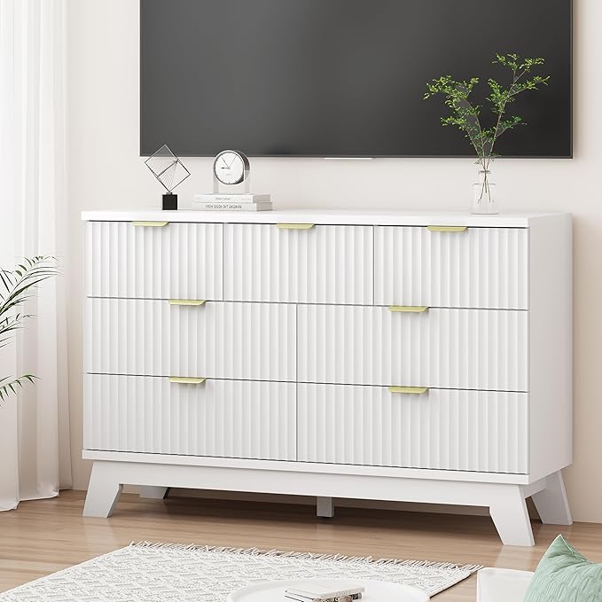 Fluted Dresser for Bedroom with 7 Drawers, 48" Wide Modern Chest of Drawers with Metal Handle, Wooden Dresser TV Stand, Wood Closet Clothes Storage Organizer for Living Room, Hallway, White
