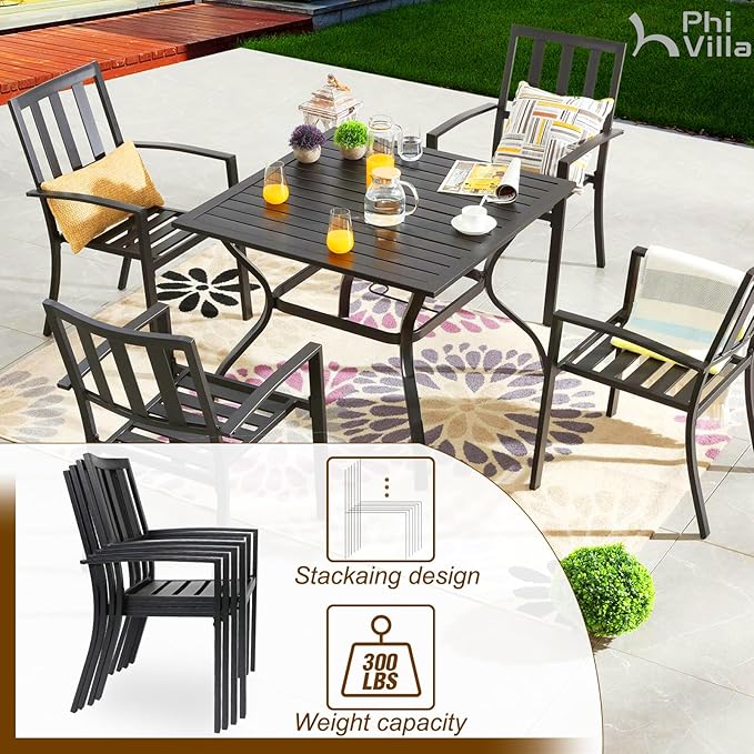 PHI VILLA 5 Piece Outdoor Dining Table Set for 4, 37” Square Metal Dining Table with Umbrella Hole & Stackable Steel Chairs for Patio, Deck, Yard