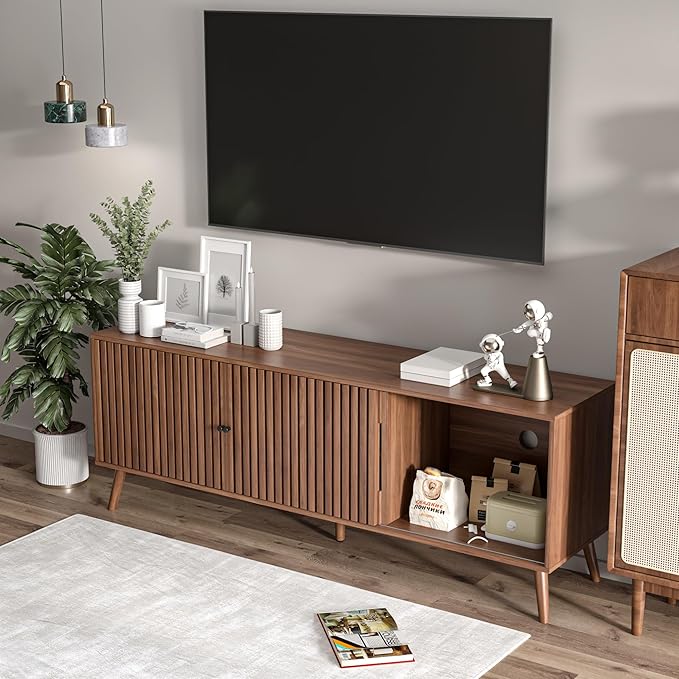 Mid Century Modern TV Stand for Televisions up to 70 Inches, with Sliding Doors and Storage, Television Stands, TV Consoles, Media Consoles for Living Room, 63 Inch (Walnut)