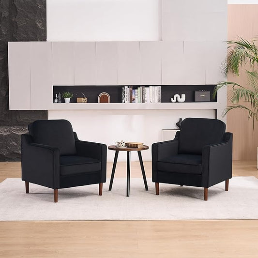 Mid Century Modern Accent Chairs Set of 2, Upholstered Reading Armchair for Living Room, Velvet Comfy Sofa Chair with Wood Legs for Bedroom, Office, Waiting Room, Black