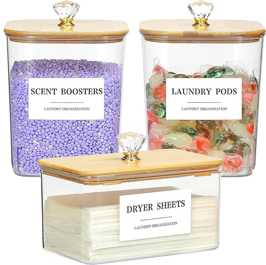 3 Pack Large Laundry Powder Container and Dryer Sheet Holder with Airtight Lid, Clear Plastic Laundry Pods Container for Laundry Room with Scoops, 12 Lables