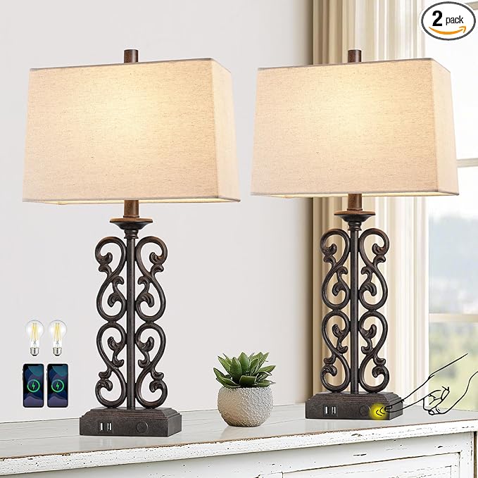 25" Set of 2 Touch Modern Resin Table Lamps for Living Room with Dual USB Ports, 3-Way Dimmable Rustic Bedside Lamps, Farmhouse Nightstand Lamp for Bedroom Office Decor, 2 Bulbs Included