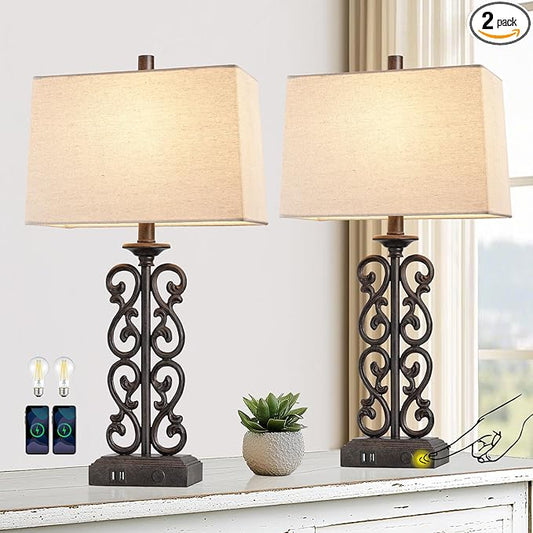 25" Set of 2 Touch Modern Resin Table Lamps for Living Room with Dual USB Ports, 3-Way Dimmable Rustic Bedside Lamps, Farmhouse Nightstand Lamp for Bedroom Office Decor, 2 Bulbs Included